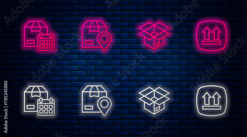Set line Location with cardboard box, Unboxing, Cardboard calendar and This side up. Glowing neon icon on brick wall. Vector