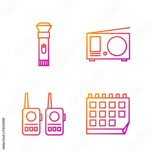 Set line Calendar, Walkie talkie, Flashlight and Radio with antenna. Gradient color icons. Vector