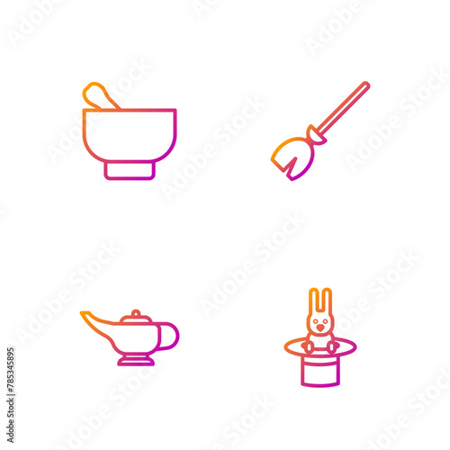 Set line Magician hat and rabbit, lamp or Aladdin, mortar pestle and Witches broom. Gradient color icons. Vector