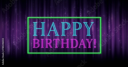 Digitally animated of happy birthday text in a rectangle sparking against purple curtain 4k
