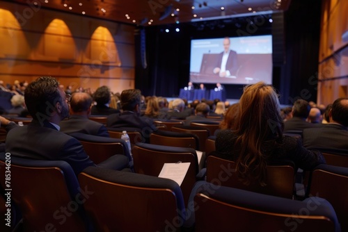 A group of business people sitting in the conference hall listening to an individual man giving a presentation on stage.