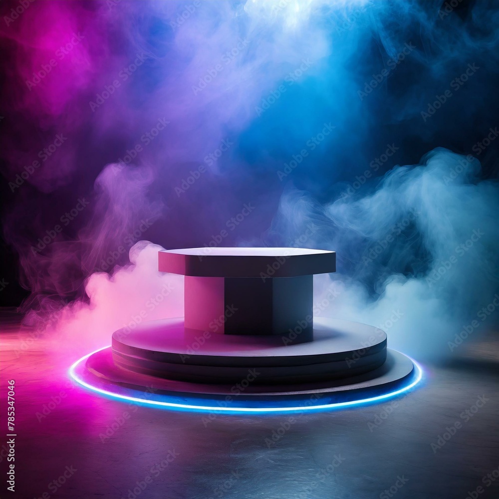 an empty podium amidst a backdrop of dark smoke, providing neon light pink blue light background a dramatic product platform