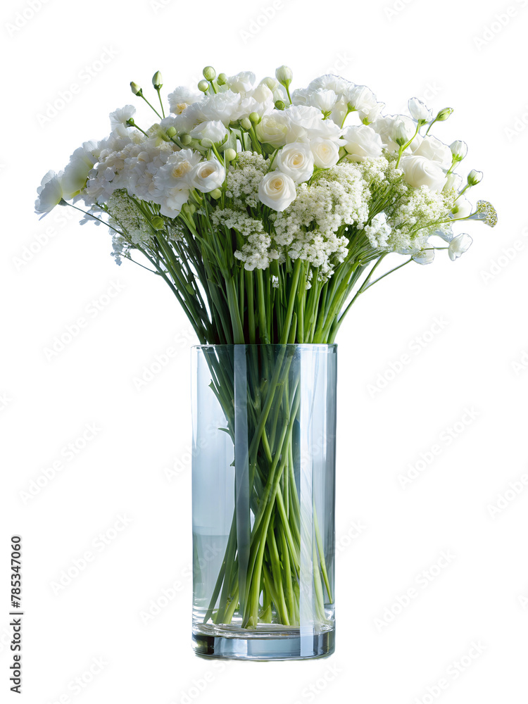 White roses and gypsophilas in transparent glass vase on white or transparent background. Front view. Place for text, copy space.Generated by AI