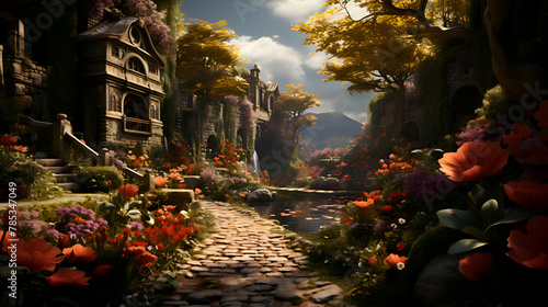 3D rendering of a fantasy garden with a stone path and flowers