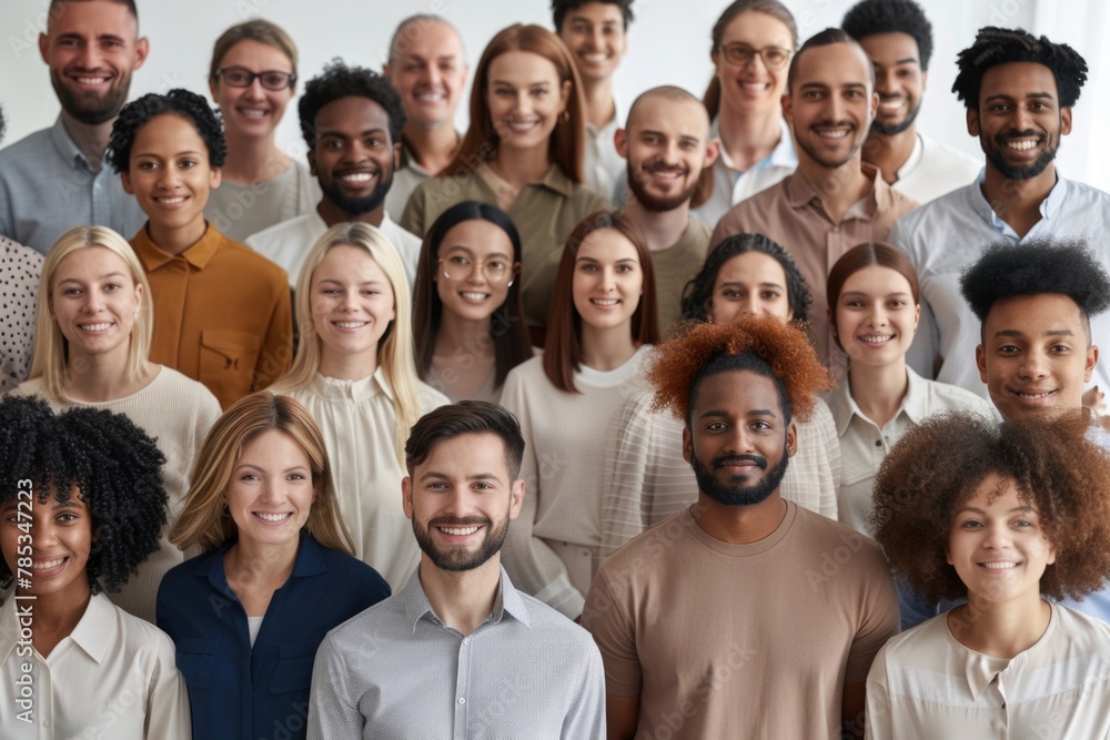 A large group of diverse people smiling and looking at the camera. A large group of diverse people smiling and looking at the camera.
