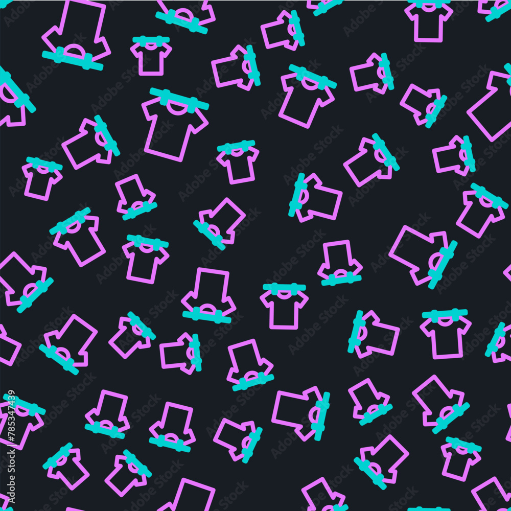 Line Drying clothes icon isolated seamless pattern on black background. Clean shirt. Wash clothes on a rope with clothespins. Clothing care and tidiness. Vector