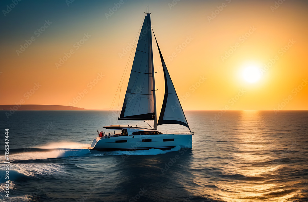 Yacht at sea at sunset