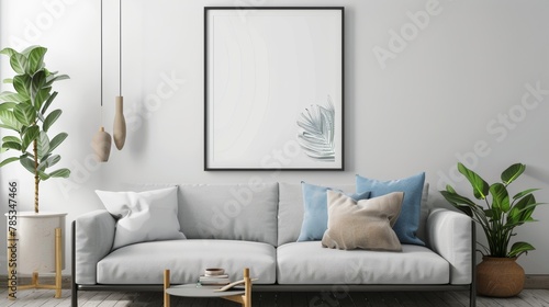 Interior of minimalistic living room, with a modern design and vertical poster frame hanging on wall