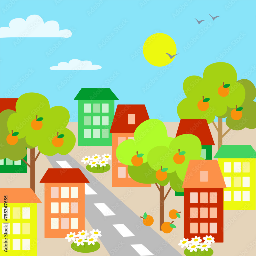 Cityscape with colorful houses, streets, orange trees with fruits and flowers on the streets, sun and birds flying in the blue sky. Flat vector illustration.