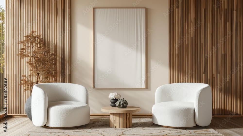 Mockup poster on the wall of living room at Modern scandi japandi interior. Mockup poster on the wall of living room at Modern scandi japandi interior.