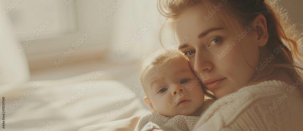 Young woman mother tightly hugs her little child holding in her arms, concept of young motherhood, parenthood at a young age Young woman mother tightly hugs her little child holding in her arms, concept of young motherhood, parenthood at a young age