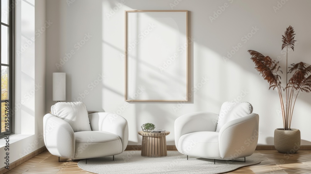 Mockup poster on the wall of living room at Modern scandi japandi interior. Mockup poster on the wall of living room at Modern scandi japandi interior.