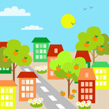 Cityscape with colorful houses, streets, orange trees with fruits and flowers on the streets, sun and birds flying in the blue sky. Flat vector illustration.