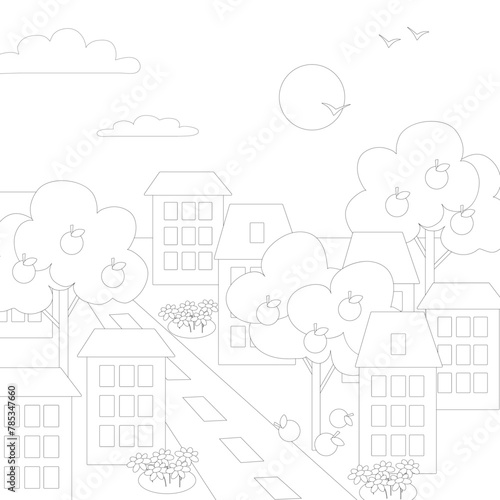 Cityscape with houses, streets, orange trees with fruits and flowers on the streets, sun and birds flying in the sky. Vector illustration for coloring book. Black and white.
