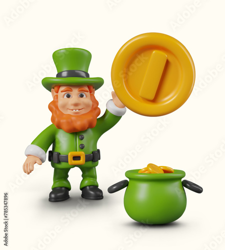 Friendly leprechaun holds out gold coin, green pot full of coins stands nearby