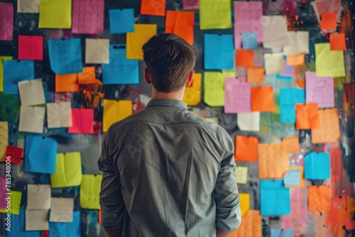 A picture of man standing in front of a wall covered in sticky notes, back view, creative concept of strategic business planning, organization of thinking.