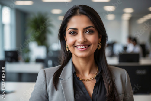 Selbstsichere indische Geschäftsfrau mit bezauberndem Lächeln im Großraumbüro strahlt Professionalität und Freundlichkeit aus