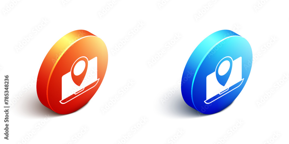 Isometric Laptop with location marker icon isolated on white background. Orange and blue circle button. Vector Isometric Laptop with location marker icon isolated on white background. Orange and blue circle button. Vector