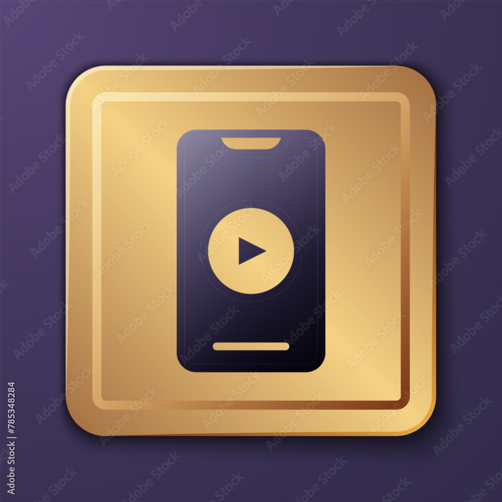 Purple Online play video icon isolated on purple background. Smartphone and film strip with play sign. Gold square button. Vector Purple Online play video icon isolated on purple background. Smartphone and film strip with play sign. Gold square button. Vector