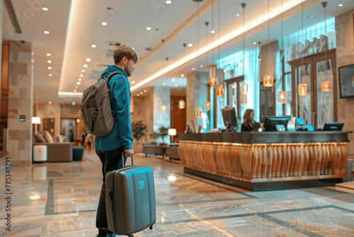 A solo traveler with a backpack and carry-on luggage checks in at the modern front desk of a contemporary hotel lobby. photo