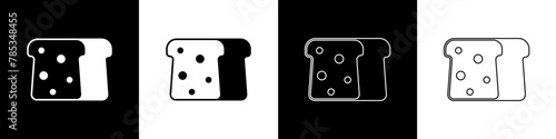 Set Bread toast for sandwich piece of roasted crouton icon isolated on black and white background. Lunch, dinner, breakfast snack. Vector