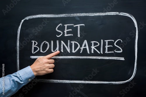 Hand points to set boundaries on blackboard, emphasizing limits photo