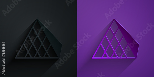 Paper cut Louvre glass pyramid icon isolated on black on purple background. Louvre museum. Paper art style. Vector