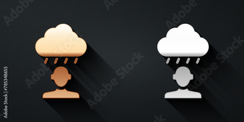 Gold and silver Depression and frustration icon isolated on black background. Man in depressive state of mind. Mental health problems. Long shadow style. Vector