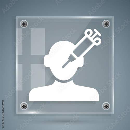 White Addiction to the drug icon isolated on grey background. Heroin, narcotic, addiction, illegal. Sick junkie with a syringe and medical pills. Square glass panels. Vector