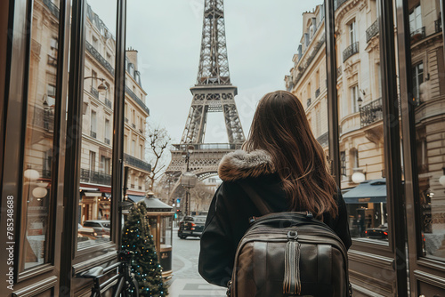 A woman with a backpack stands at the hotel entrance, observing the iconic Eiffel Tower in the distance. photo