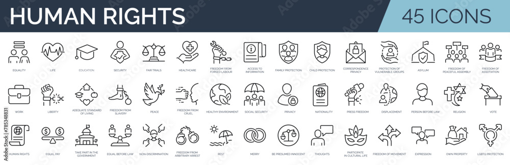 Set of 45 outline icons related to basic human rights. Linear icon collection. Editable stroke. Vector illustration - obrazy, fototapety, plakaty 