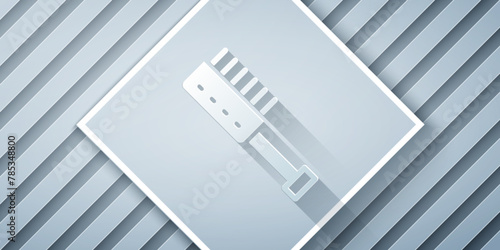 Paper cut Sauna brush icon isolated on grey background. Wooden brush with coarse bristles for washing in the bath. Anti cellulite massage. Paper art style. Vector