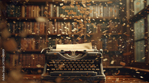 A typewriter is on a table with a lot of paper flying around it. The scene gives off a nostalgic and vintage vibe, as typewriters are no longer commonly used in modern times photo