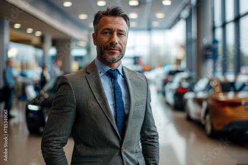A man in a suit and tie stands in a car showroom. He is smiling and looking at the camera