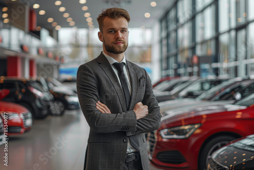 A man in a suit stands in front of a row of cars in a showroom. He is wearing a tie and has his arms crossed. Concept of professionalism and sophistication