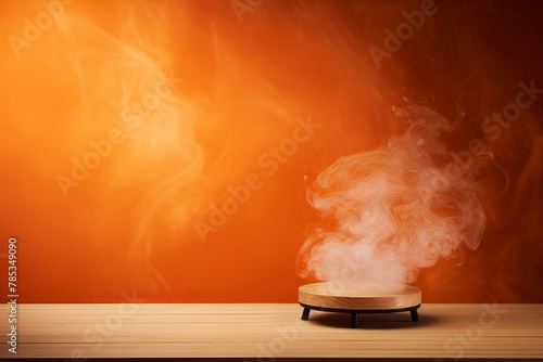 orange background with a wooden table and smoke. Space for product presentation, studio shot, photorealistic