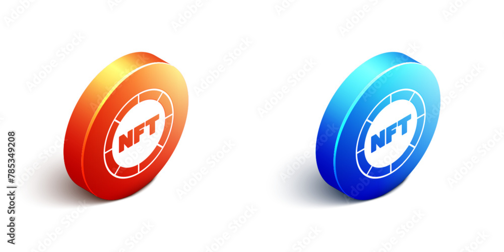 Obraz premium Isometric NFT Digital crypto art icon isolated on white background. Non fungible token. Orange and blue circle button. Vector