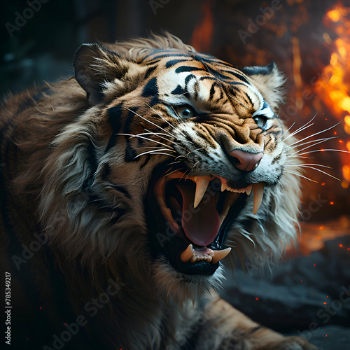 Portrait of a tiger in the fire. Tiger with open mouth.