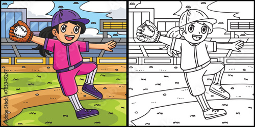 Girl Catching Baseball Coloring Page Illustration