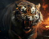 Portrait of a tiger in a fire. Fire and smoke.