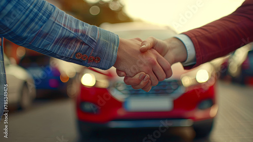 Two people shaking hands in front of a red car. Scene is friendly and professional