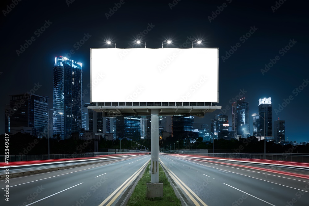 Nighttime cityscape with blank white road billboard for advertising