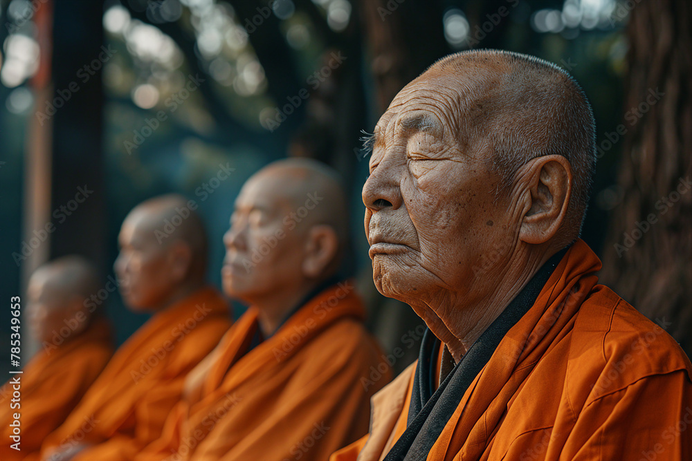 Naklejka premium Buddhism concept Generative AI picture with people doing yoga in nature feel connection with buddha