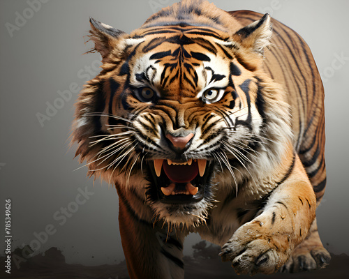 Closeup portrait of a tiger on a gray background. photo