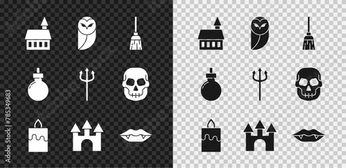 Wallpaper Mural Set Castle, Owl, Witches broom, Burning candle, Vampire teeth, Bomb ready to explode and Neptune Trident icon. Vector Torontodigital.ca