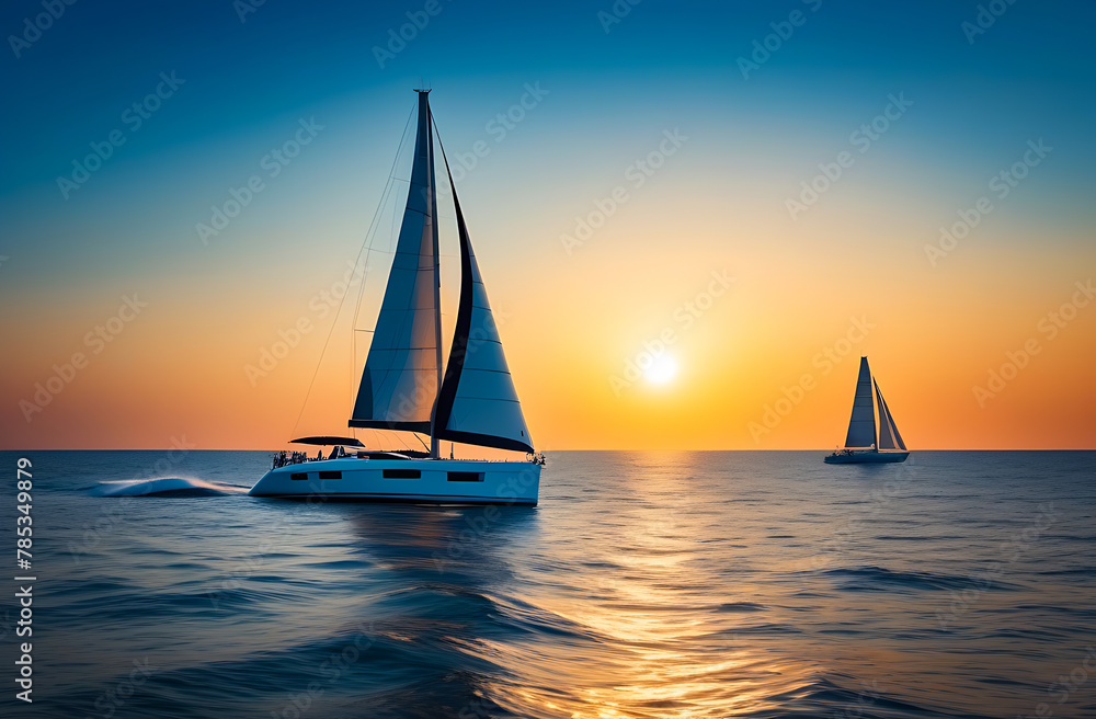 The yacht sails on the sea at sunset