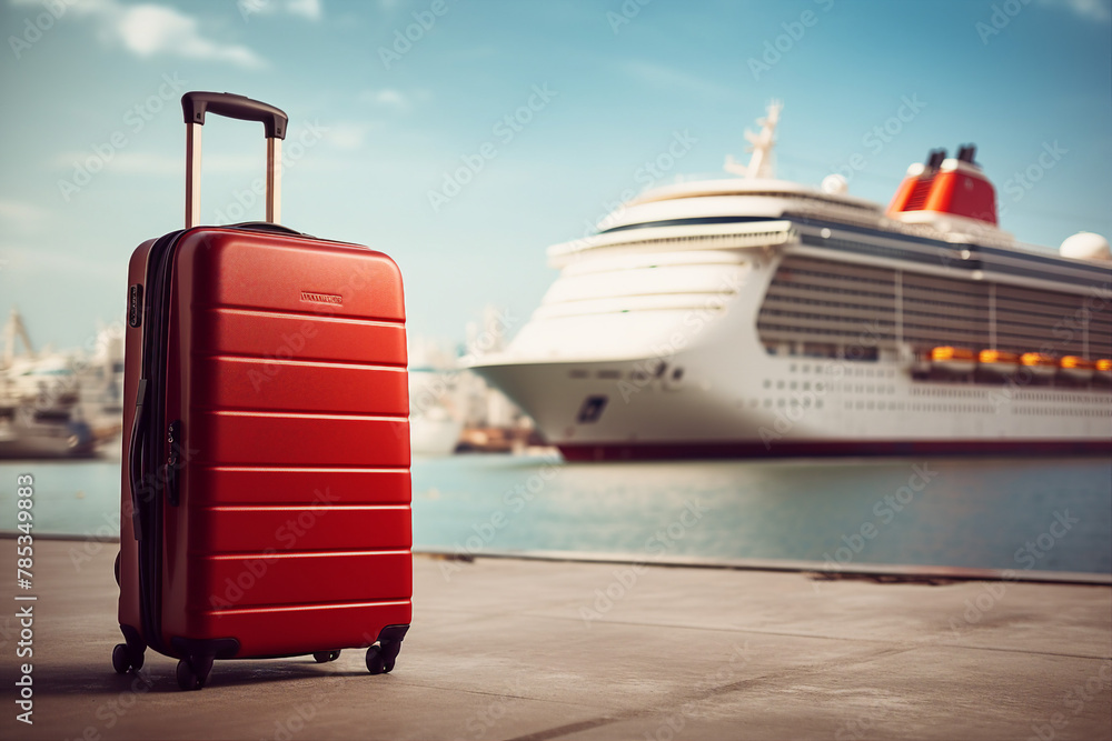 Generated with AI picture of suitcase on pier voyage on yacht Generated with AI picture of suitcase on pier voyage on yacht