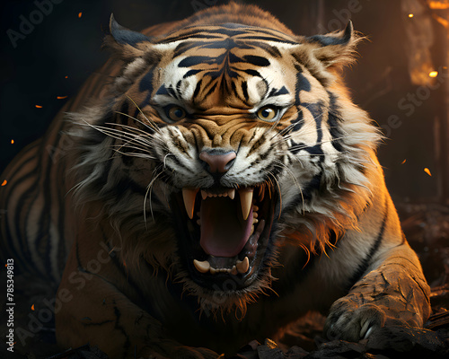 Portrait of a tiger in a dark forest. 3D rendering