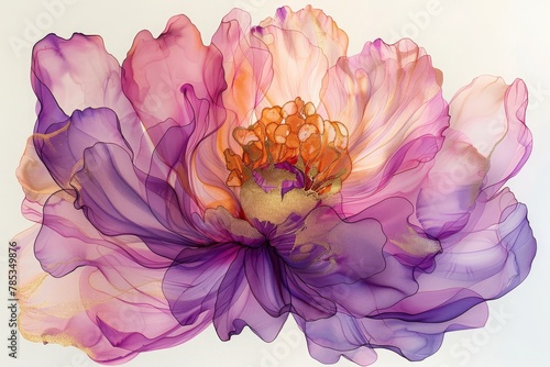 Pale gold and purple peony flowers background. Alcohol ink painting. Modern liquid art.