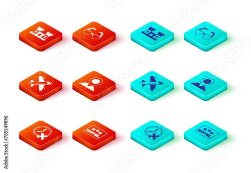 Set Clock with airplane, Signboard text Hotel, Plane, Location, Heart shaped love glasses and Sand castle icon. Vector